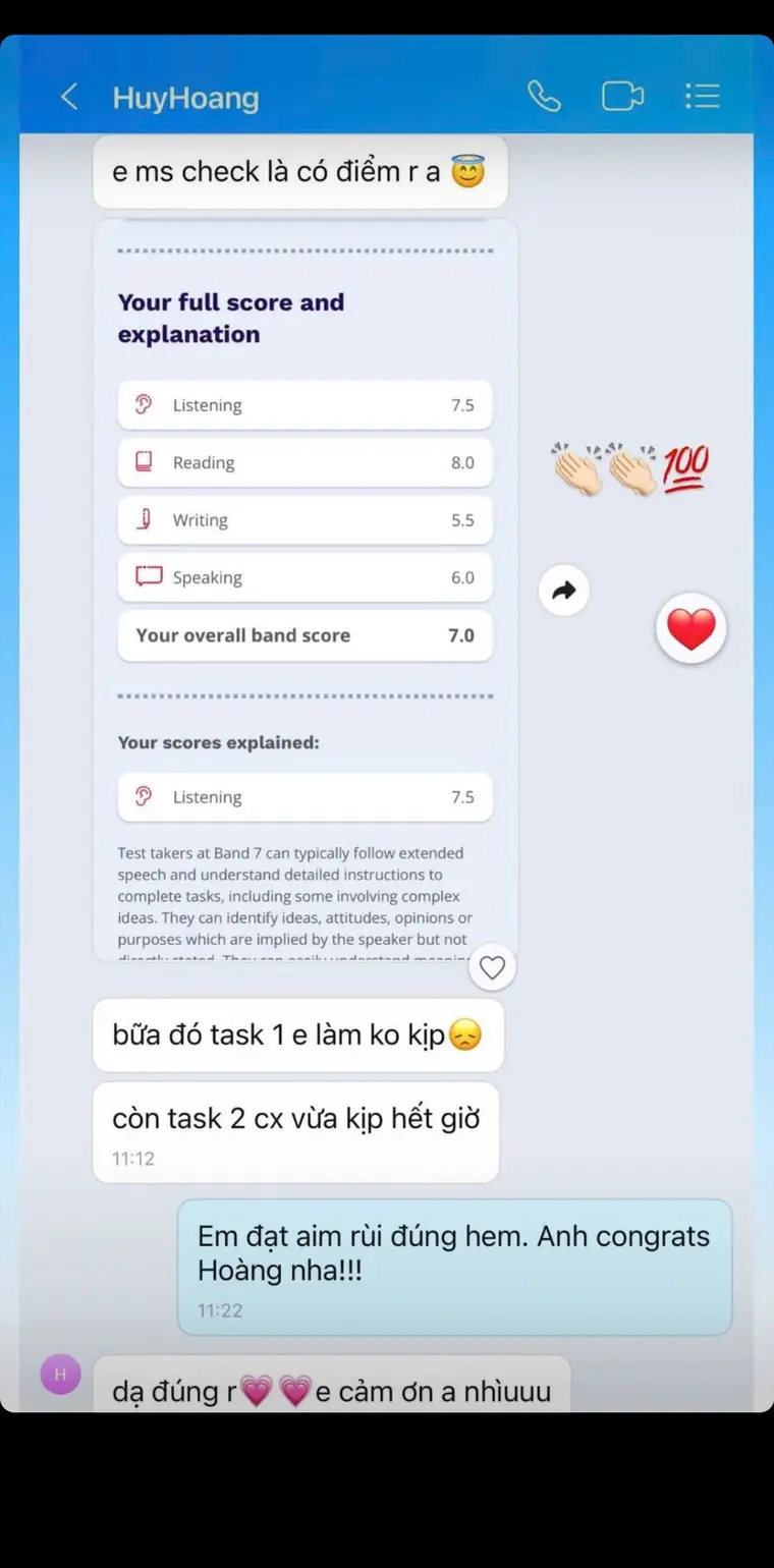 Phản hồi và kết quả IELTS 7.0 của học viên KC English Academy